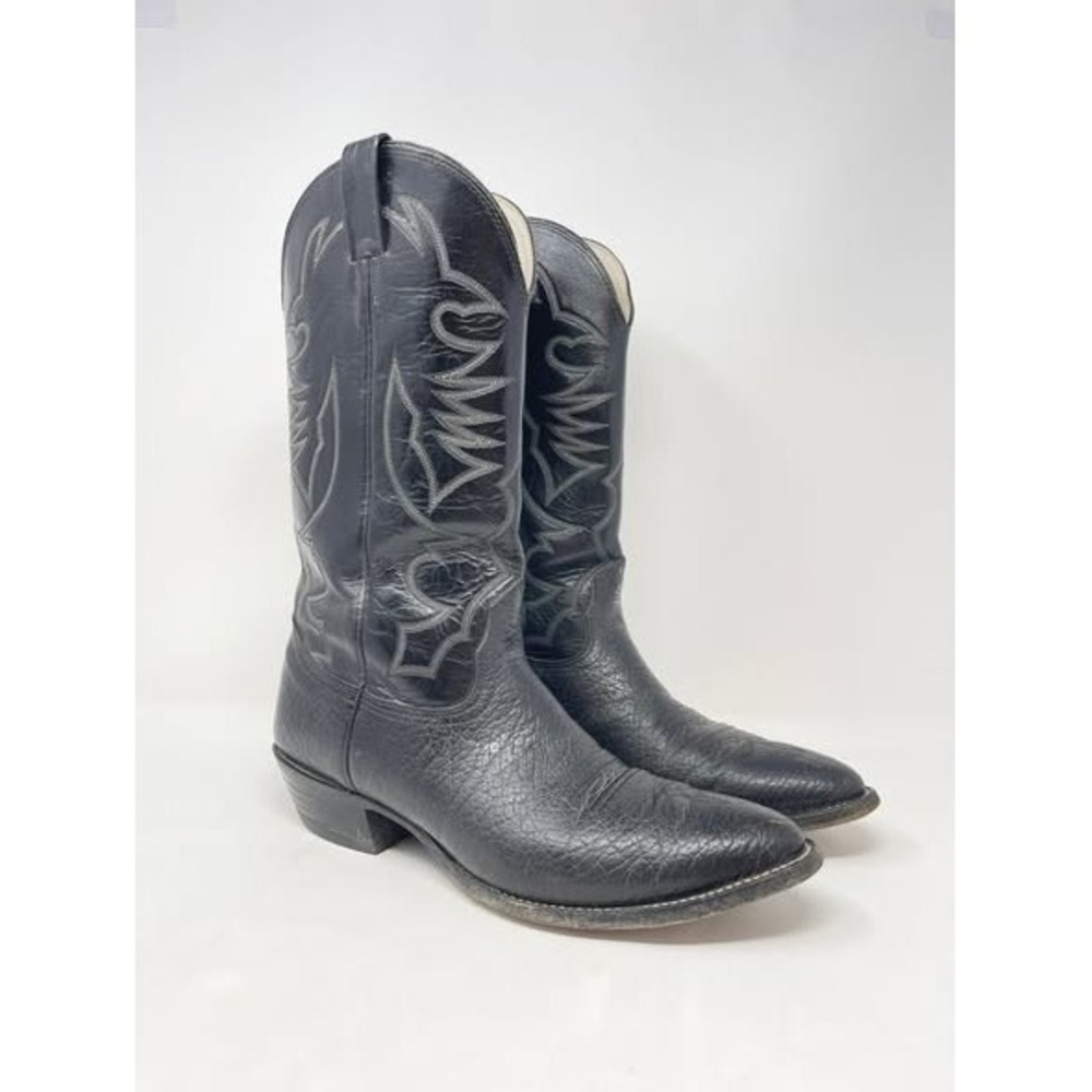 Vtg‎ Nocona Cowboy Boots Mens 10.5B Black Bullhide Exotic Leather Embroidered